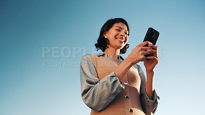 Buy stock photo Online, research and woman with phone, outdoor or planning for ad campaign and brand awareness on web. Creative, social media manager and person with tech for assignment, digital marketing and space