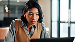 Reading, research and businesswoman with laptop in office, lawyer and plan for trial with legal info. Serious, attorney and person with tech, online and hearing preparation on website in law firm