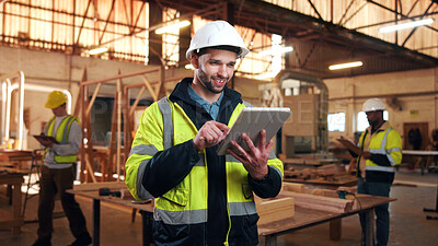 Buy stock photo Carpentry, tablet and happy man in workshop for online planning, woodworking and inventory list. Construction, carpenter and person on tech for material costs, quote and timber order for production