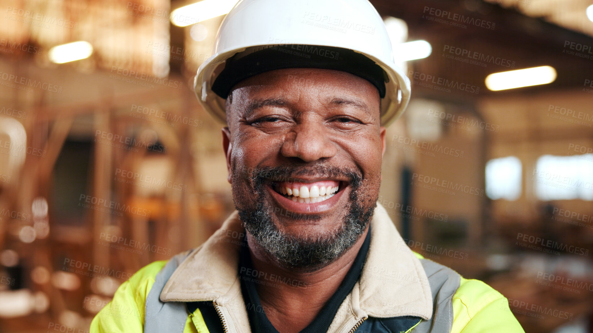 Buy stock photo Portrait, engineer and happy black man at construction site for development, about us or protection gear. Smile, mature person and architect with helmet for safety, pride and architecture industry