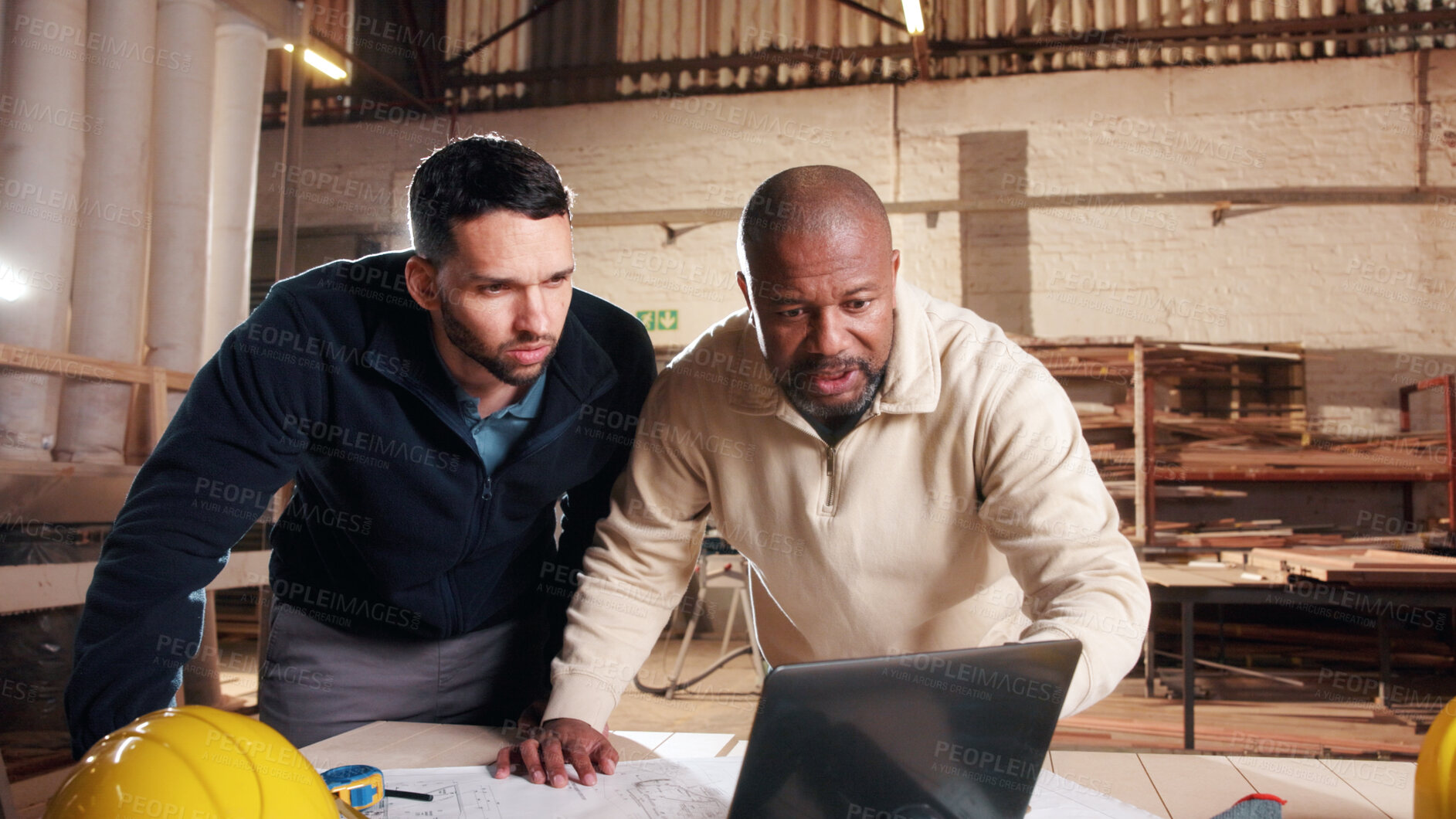 Buy stock photo Meeting, laptop and people in workshop for carpentry, wood production and material supplier. Carpenter, contractor and men on computer for inventory, timber order and schedule for woodworking project
