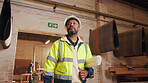 Contractor, blueprint and man in workshop for furniture, manufacturing and artisan planning. Woodworking, production and joinery factory with mature person in warehouse for inspection and storage