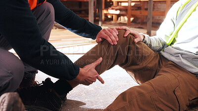 Buy stock photo Hands, help and carpenter with leg injury in factory, safety failure or hurt on floor or broken bone. Workplace, accident and person with muscle tension, woodworking and helping colleague in workshop