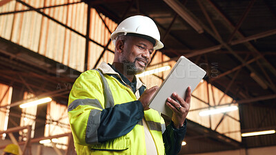 Buy stock photo Architect, scroll and happy man with tablet on construction site, research and property development. Mature civil engineer, low angle and black person with tech, online or building renovation on web