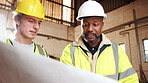 Discussion, blueprint and men in warehouse for woodwork, manufacturing and artisan contractor. Furniture, production and carpenter people in joinery factory with paperwork for workshop inspection