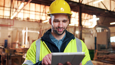 Buy stock photo Carpentry, tablet and man in workshop for online planning, furniture dimensions and inventory list. Happy, carpenter and person on tech for material costs, quote and timber order for woodworking