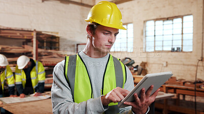 Buy stock photo Carpentry, tablet and man in workshop for inventory, furniture restoration and planning for project. Contractor, carpenter and person on tech for material costs, quote or timber order for woodworking
