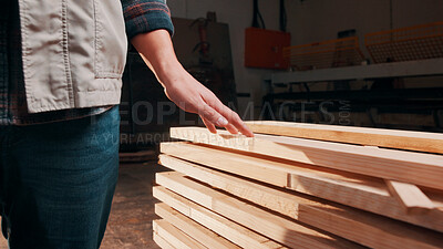 Buy stock photo Planks, wood and hands of man in workshop for inspection, quality assurance and timber. Storage, carpentry and person with material for manufacturing, lumber production and woodworking for furniture