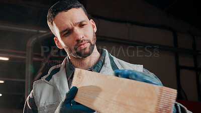 Buy stock photo Carpentry, plank and man in workshop for inspection, quality assurance and timber for furniture. Warehouse, carpenter and person with material for manufacturing, lumber production and woodworking