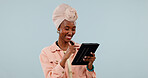 Happy, network and black woman with tablet for connection or entertainment on a studio background. Female person, user or scrolling with smile on technology for internet connectivity or online app