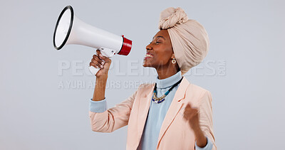 Buy stock photo Happy, megaphone and black woman in studio with announcement or alert on a white background. Female person, user or smile with bullhorn or speaker for audio message, broadcast or awareness campaign
