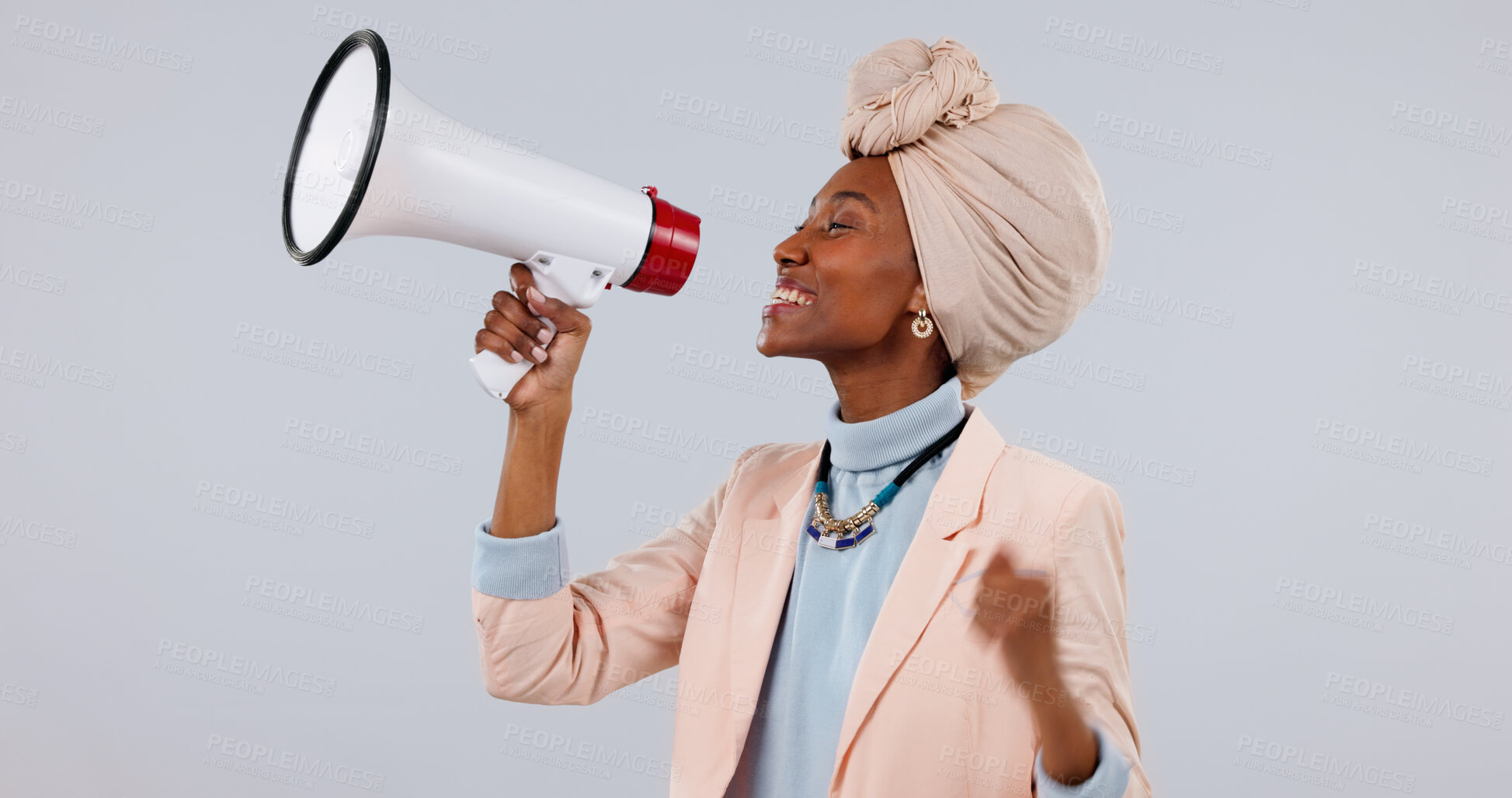 Buy stock photo Happy, megaphone and black woman in studio with announcement or alert on a white background. Female person, user or smile with bullhorn or speaker for audio message, broadcast or awareness campaign