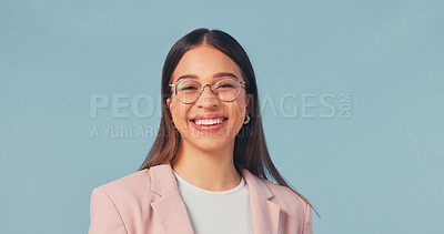 Buy stock photo Portrait, smile and woman in studio for business, tax consultant and career growth on blue background. Ambition, financial professional and happy person with confidence, VAT specialist and space