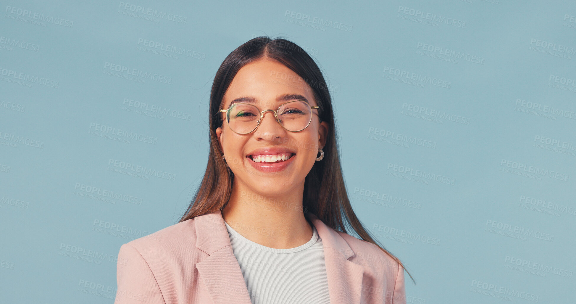 Buy stock photo Portrait, smile and woman in studio for business, tax consultant and career growth on blue background. Ambition, financial professional and happy person with confidence, VAT specialist and space