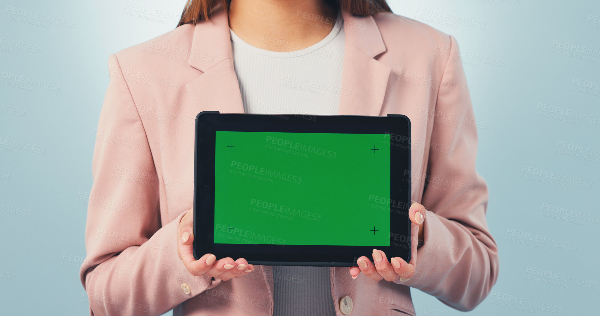 Buy stock photo Tablet, woman and hands with green screen for advertising mockup on a blue studio background. Female person, employee or presentation with technology display for marketing or app review on space