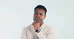 Business, thinking and black man in studio with idea, accounting and consider financial decision. Space, serious person and accountant with reflection, finance planning or vision on white background.