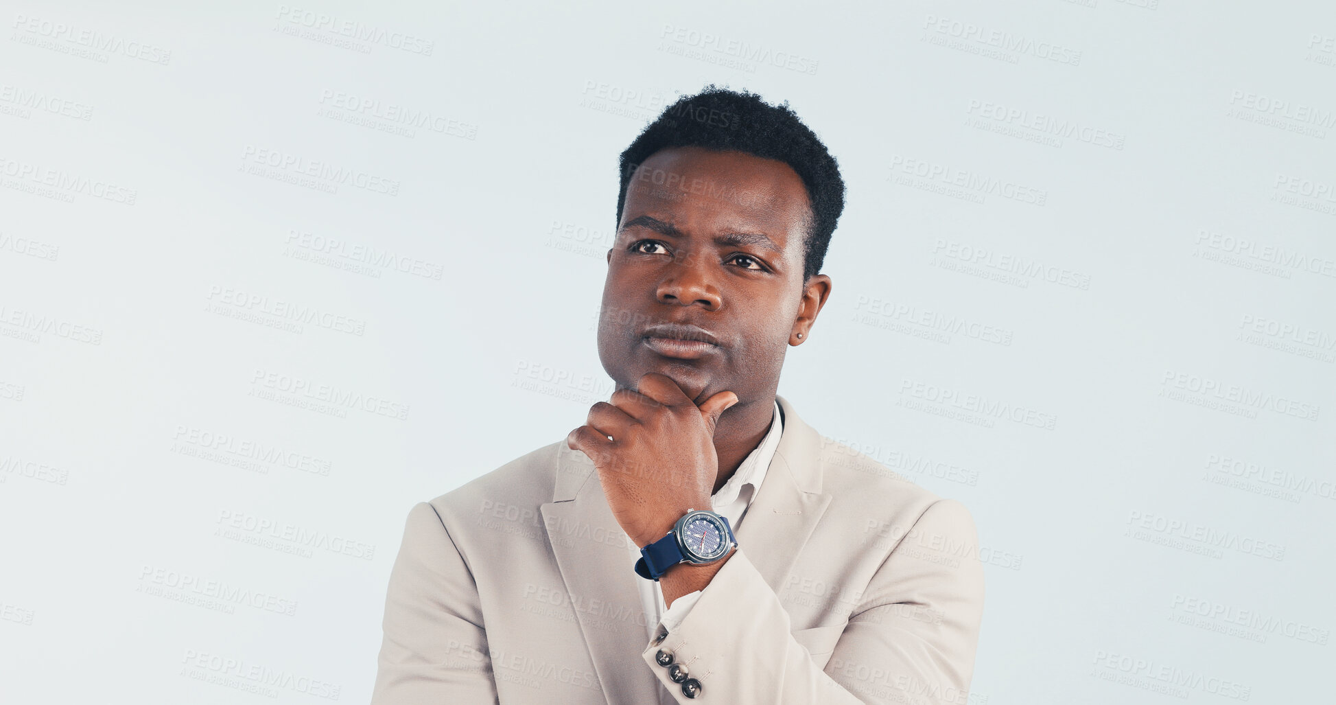 Buy stock photo Business, thinking and black man in studio with idea, accounting and consider financial decision. Space, serious person and accountant with reflection, finance planning or vision on white background.