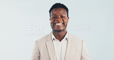 Buy stock photo Portrait, smile and black man in studio for business, tax consultant and career growth. Ambition, financial professional and happy person with confidence, VAT specialist and space on background
