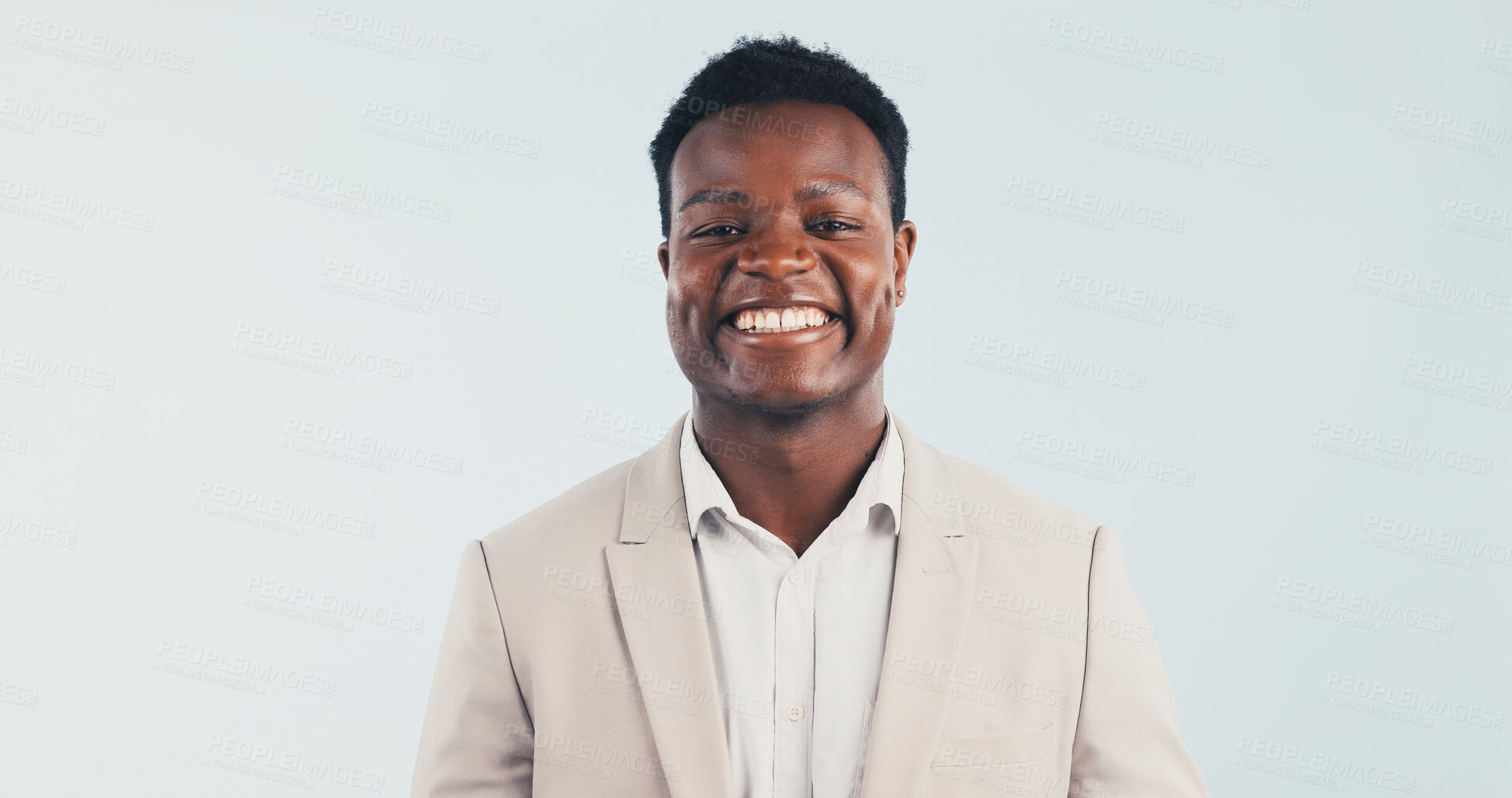 Buy stock photo Portrait, smile and black man in studio for business, tax consultant and career growth. Ambition, financial professional and happy person with confidence, VAT specialist and space on background