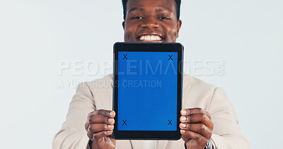 Buy stock photo Portrait, businessman and tablet in studio with green screen, digital marketing and presentation. Happy, black person and tech for online advertising, chroma key and mockup space on white background.