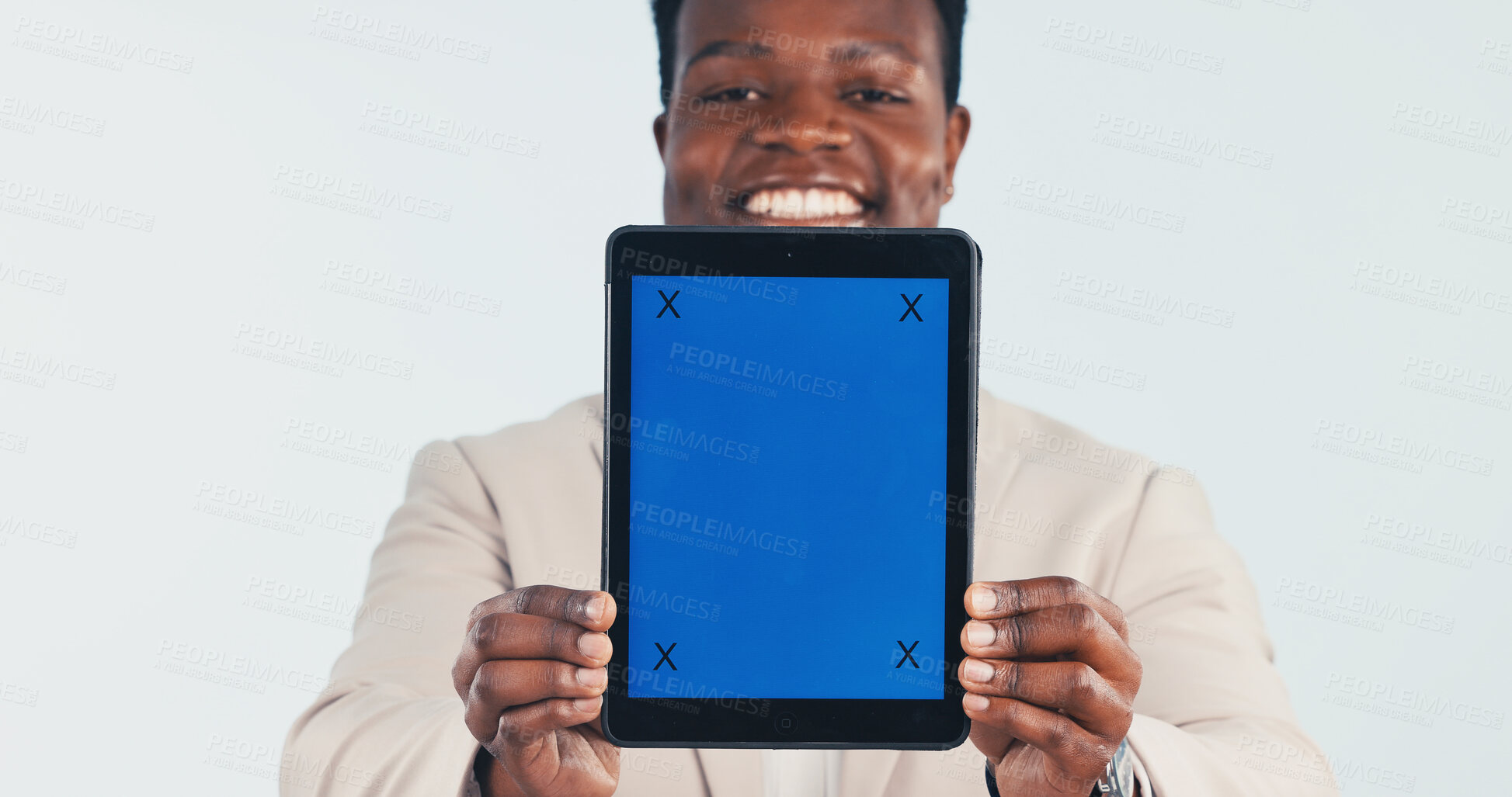 Buy stock photo Portrait, businessman and tablet in studio with green screen, digital marketing and presentation. Happy, black person and tech for online advertising, chroma key and mockup space on white background.