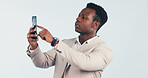 Phone, connection and black man with bad signal in studio for network error on a white background. Frustrated, male person or lost reception with mobile smartphone for poor internet or wrong app