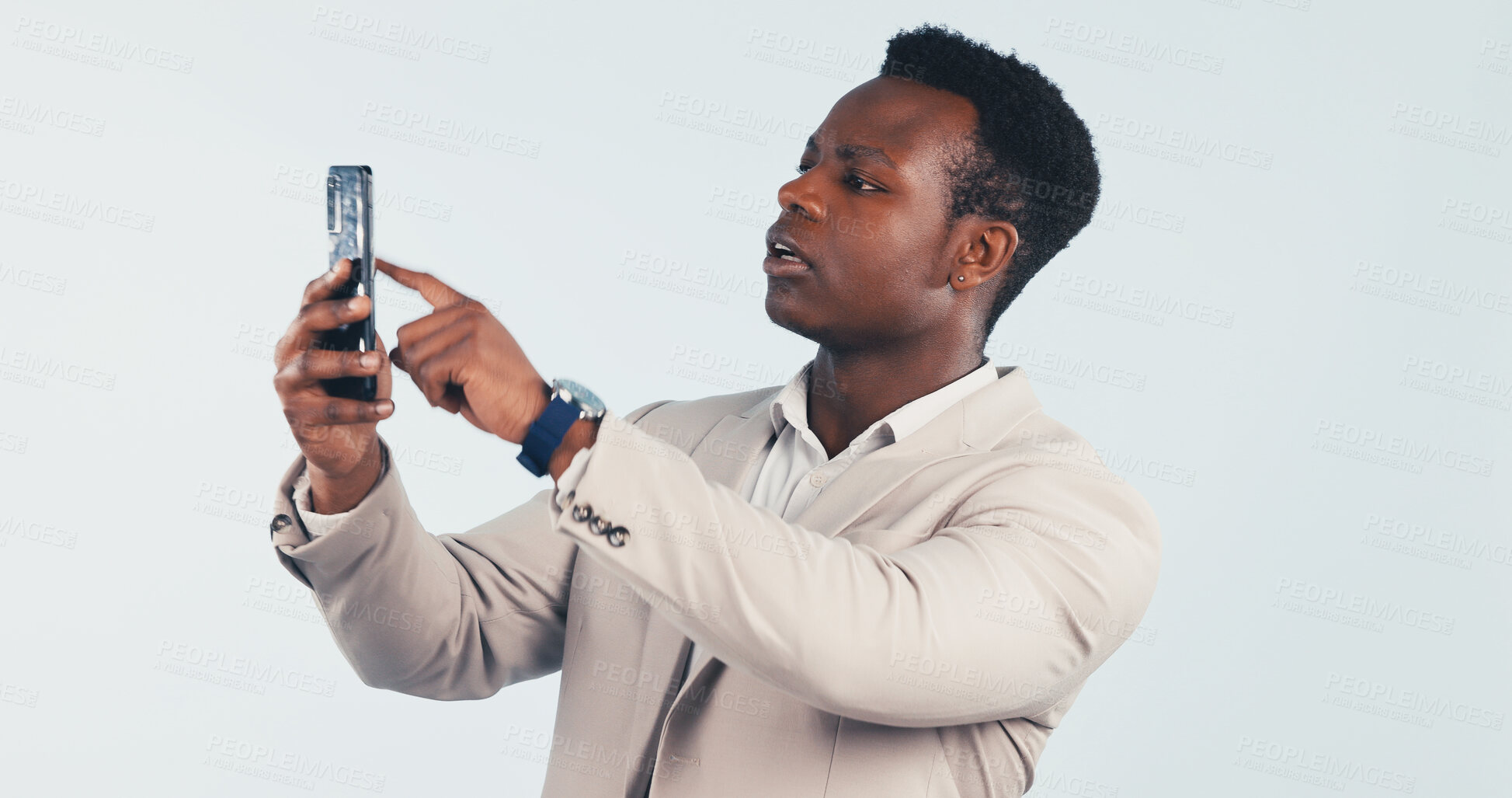 Buy stock photo Phone, connection and black man with bad signal in studio for network error on a white background. Frustrated, male person or lost reception with mobile smartphone for poor internet or wrong app