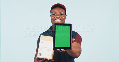 Buy stock photo Portrait, tablet and delivery man in studio with green screen, ecommerce ui or courier advertising. Mockup, happy and African person on tech for logistics, shipping or track order on white background