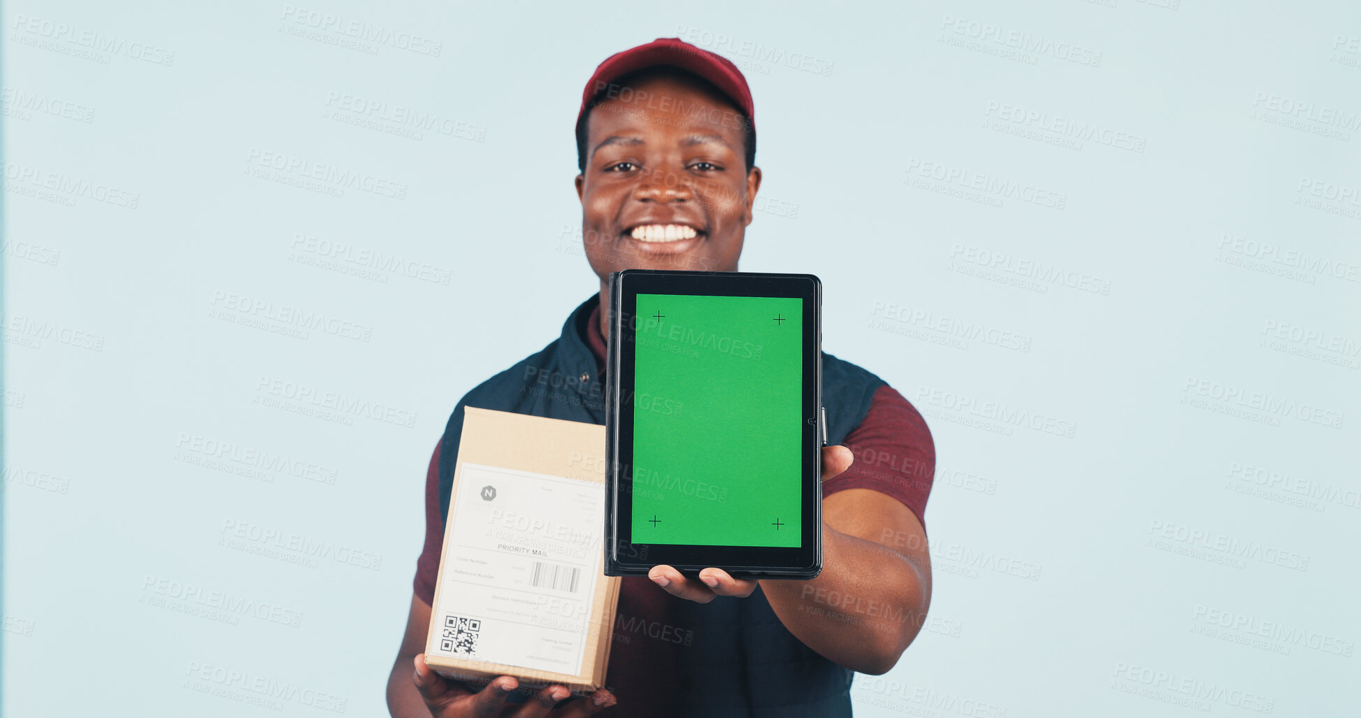 Buy stock photo Portrait, tablet and delivery man in studio with green screen, ecommerce ui or courier advertising. Mockup, happy and African person on tech for logistics, shipping or track order on white background