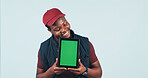 Happy, tablet and delivery man in studio with green screen, ecommerce ui and courier advertising. Mockup, space and African person on tech for logistics, shipping and track order on blue background