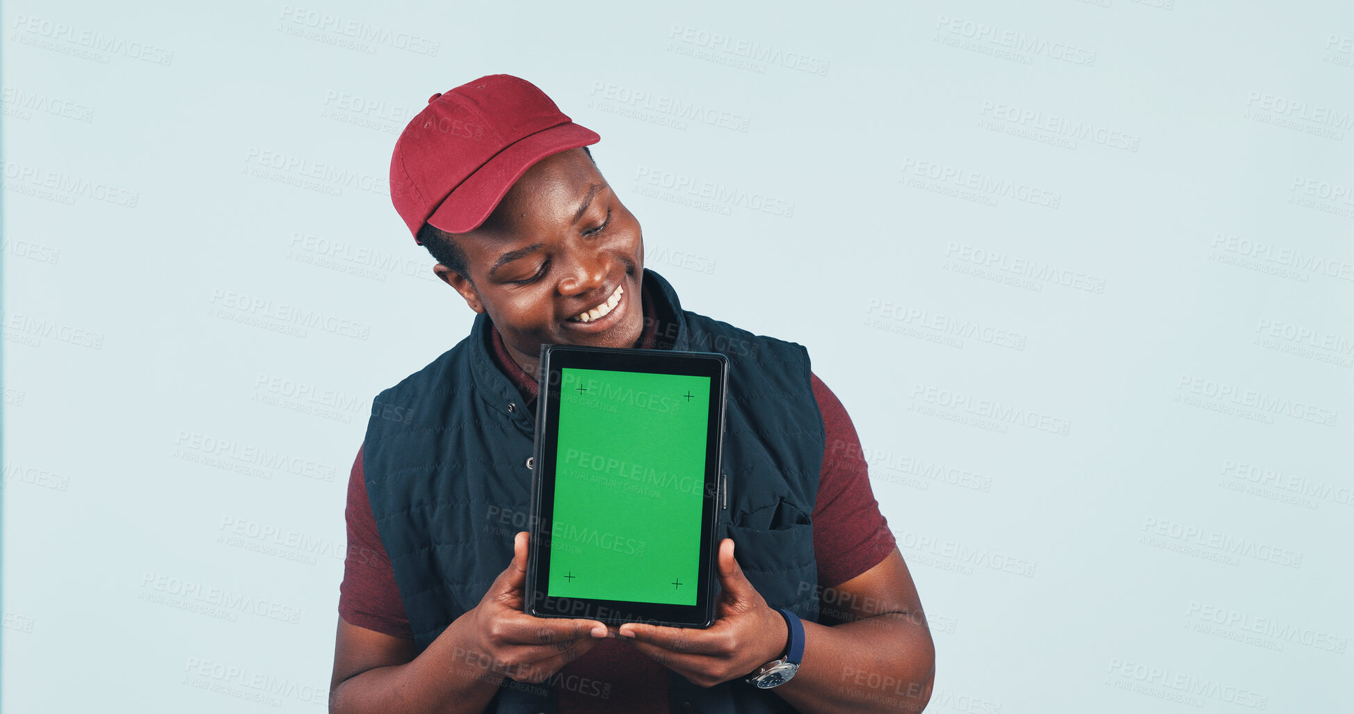 Buy stock photo Happy, tablet and delivery man in studio with green screen, ecommerce ui and courier advertising. Mockup, space and African person on tech for logistics, shipping and track order on white background