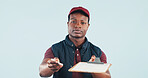 Portrait, clipboard and courier man in studio for signature, postal service or ecommerce distribution. Black person, delivery and shipping for order, logistics or paperwork to sign on blue background