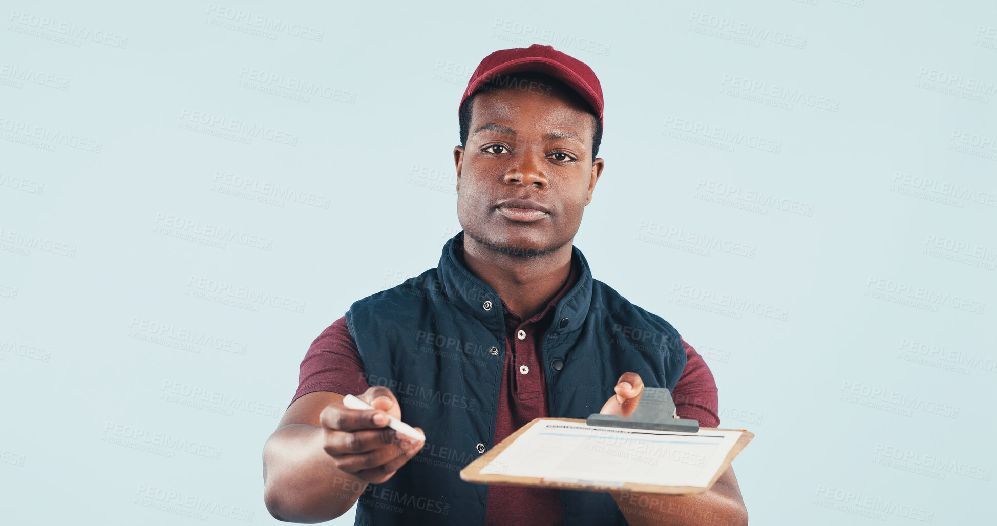 Buy stock photo Portrait, clipboard and courier man in studio for signature, postal service or distribution with space. Black person, delivery or shipping for order, logistics or paperwork to sign on blue background