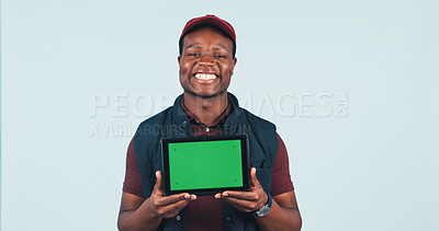 Buy stock photo Studio, tablet and portrait of delivery man with green screen, ecommerce ui and shipping advertising. Mockup, space and African person on tech for logistics, online order and news on white background