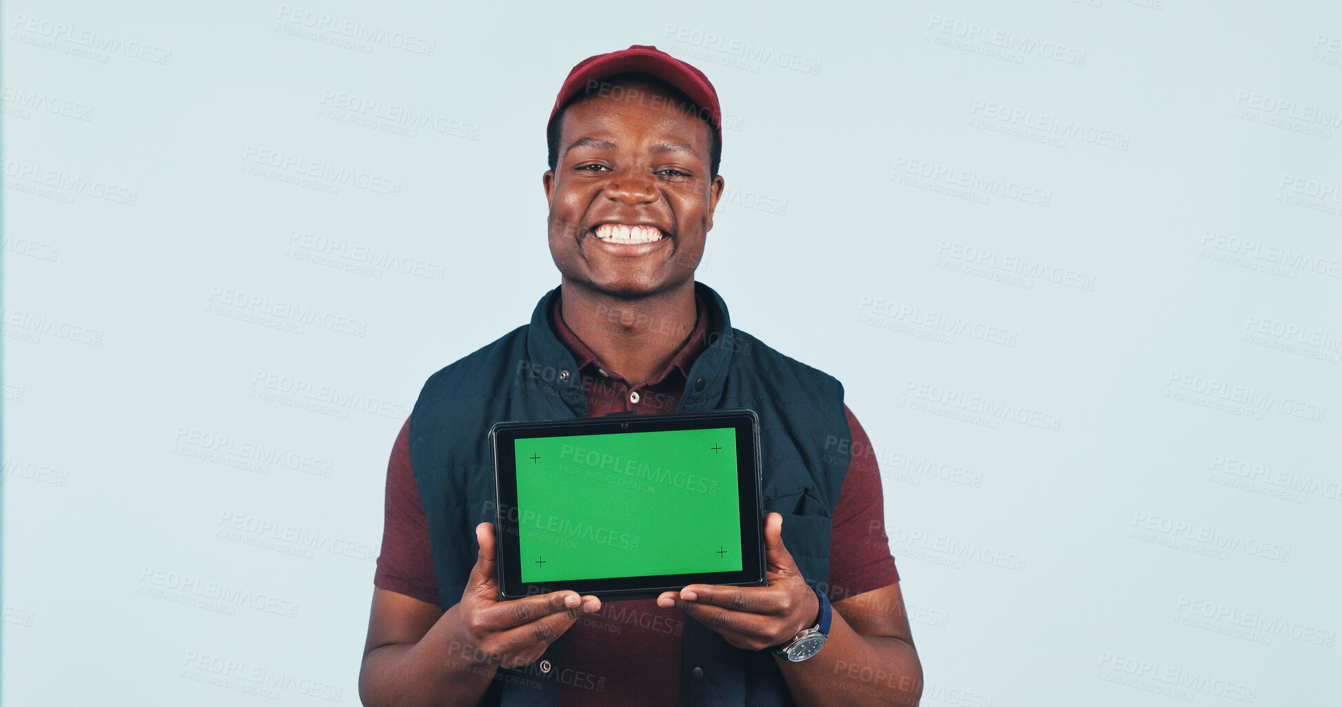 Buy stock photo Studio, tablet and portrait of delivery man with green screen, ecommerce ui and shipping advertising. Mockup, space and African person on tech for logistics, online order and news on white background