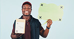 Delivery man, portrait or box in studio with speech bubble, about us or review on social media. Black person, parcel or word cloud on white background for logistics, feedback or happy at mockup space