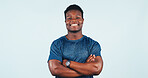 Fitness, portrait and black man with arms crossed, positive attitude and workout hobby on weekend break. Happy, space and athlete with good mood, confidence and satisfaction on studio background.