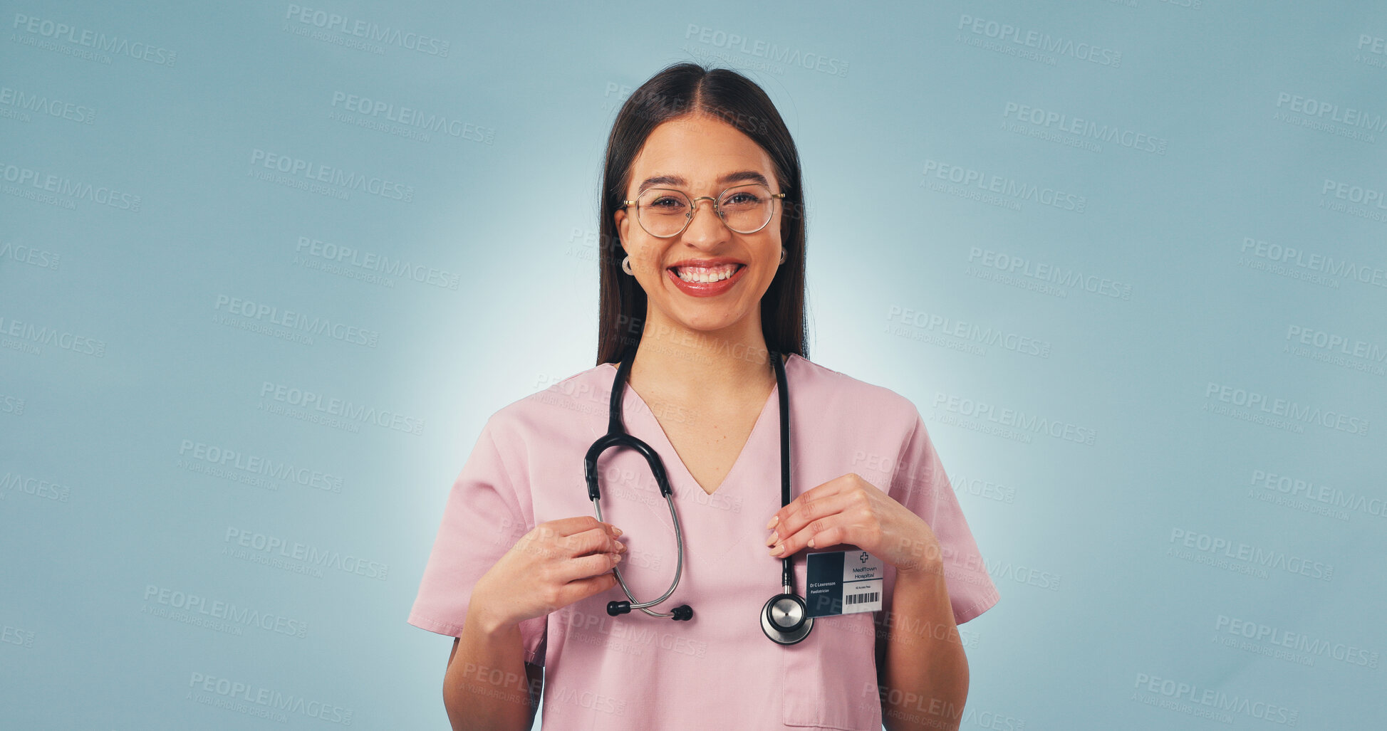 Buy stock photo Stethoscope, woman and nurse in studio for healthcare, space and heart health on blue background. Happy female person, medical worker and professional with cardiology equipment, pride or portrait