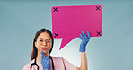 Portrait, nurse and thinking in studio with speech bubble, woman and planning for medical decision. Healthcare worker, female person and poster for idea, problem solving or vision on blue background.
