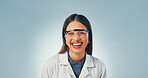 Science, portrait and happy woman with laugh, researcher or positive attitude in medical profession. Confidence, space or scientist with joke, pharmaceutical expert or about us on studio background.