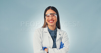 Buy stock photo Science, portrait and happy woman with arms crossed, researcher or pride in medical profession. Confidence, space or scientist with goggles, pharmaceutical expert or about us on studio background.