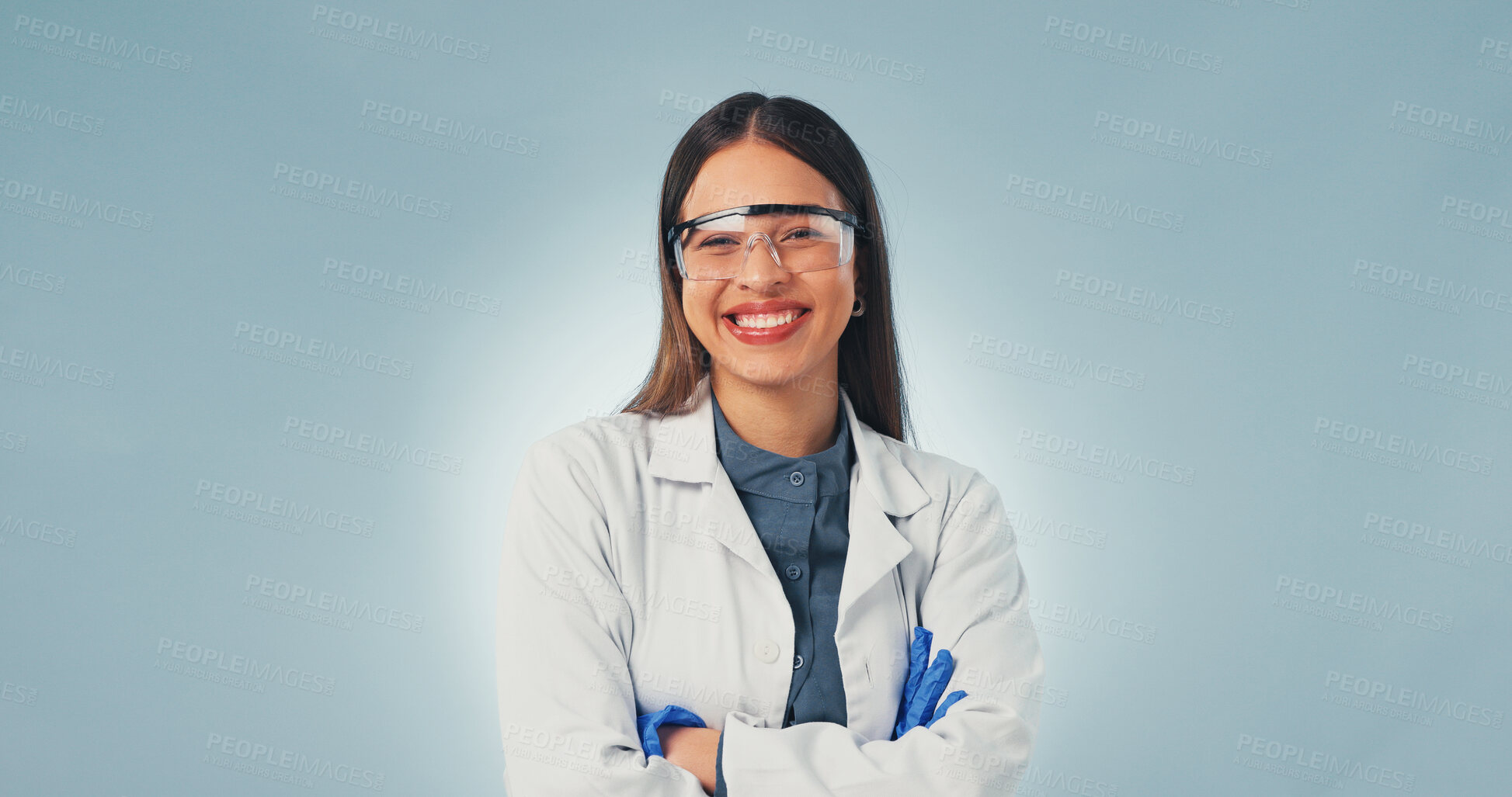 Buy stock photo Science, portrait and happy woman with arms crossed, researcher or pride in medical profession. Confidence, space or scientist with goggles, pharmaceutical expert or about us on studio background.
