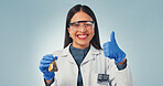 Science, liquid and portrait of happy woman with thumbs up for success, chemistry and sample. Pharmaceutical, results and person with vaccine approval, medical research and smile on studio background