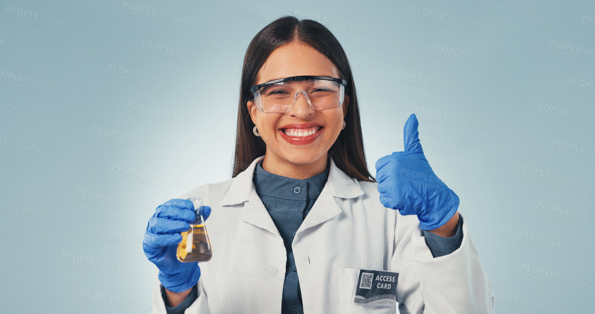 Buy stock photo Science, liquid and portrait of happy woman with thumbs up for success, chemistry and sample. Pharmaceutical, results and person with vaccine approval, medical research and smile on studio background