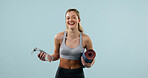 Woman, yoga mat and fitness with water in studio, portrait of instructor or yogi with laugh. Happy, gear and drink with female pilates trainer, health or wellness with mockup space on blue background
