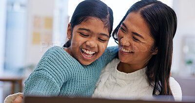 Buy stock photo Laptop, laughing and mother with daughter on sofa in home living room for bonding or connection. Computer, family and happy girl child with single parent woman in apartment for relationship security