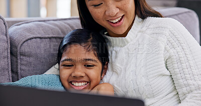 Buy stock photo Happy, laptop and mother with daughter on sofa in home living room for bonding or connection. Computer, family and smile of girl child with single parent woman in apartment for relationship security
