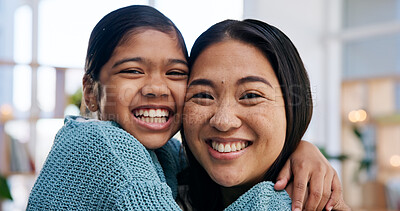 Buy stock photo Portrait, mother and child at house with hug, love and parental affection for bonding together. Smile, woman and daughter in home with embrace, appreciation and childcare for weekend break in lounge
