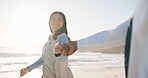 Love, couple and holding hands at beach with woman for trust, smile and affection on vacation. Partner, happy person and connection by ocean on summer holiday, healthy relationship and sunshine
