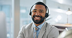 Portrait, man and headset in office at call centre, customer service and advice for online query. Smile, male agent or mic in workplace with computer, client support and crm representative of telecom